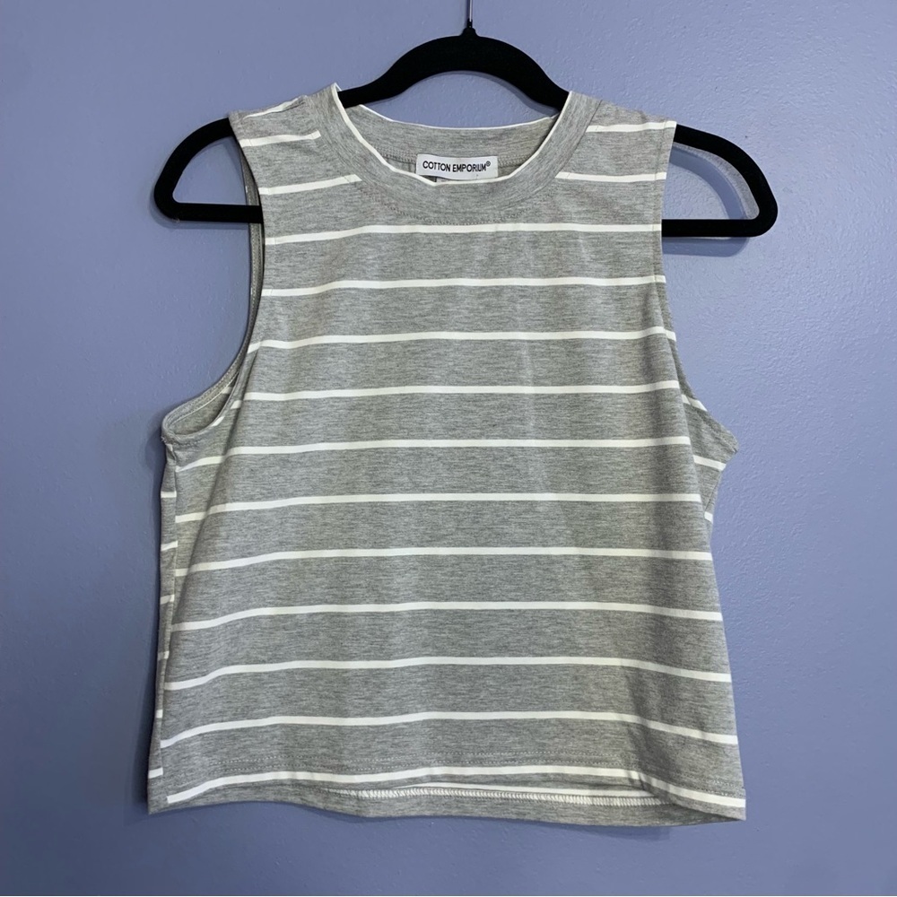 Cotton Emporium Gray and White Striped Tank Top
